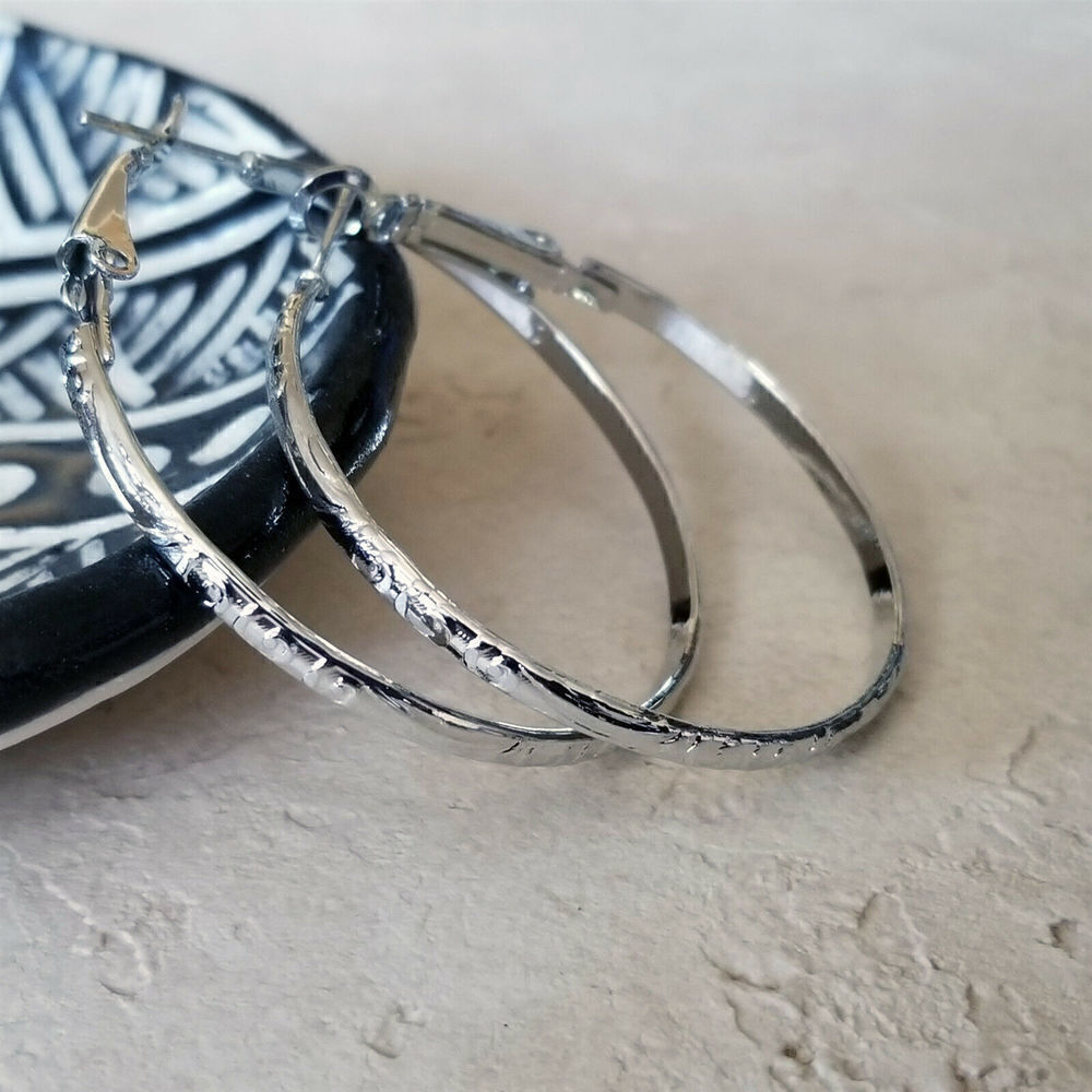 Sleek Art Nouveau Swirl Silver Tone Round Hoop Earrings 40mm 1.6" Long Leverback